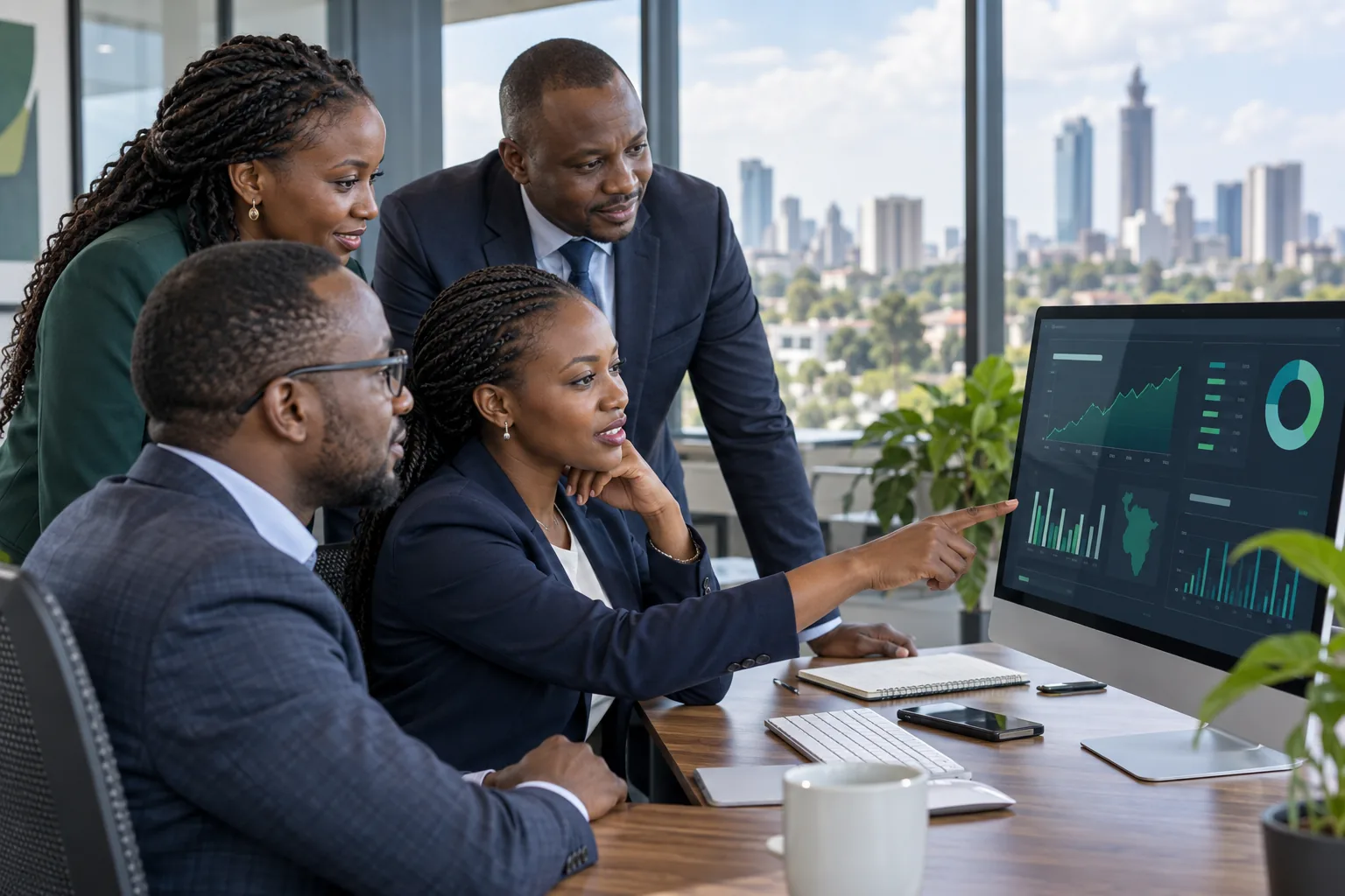 Kenyan financial services team reviewing secure analytics