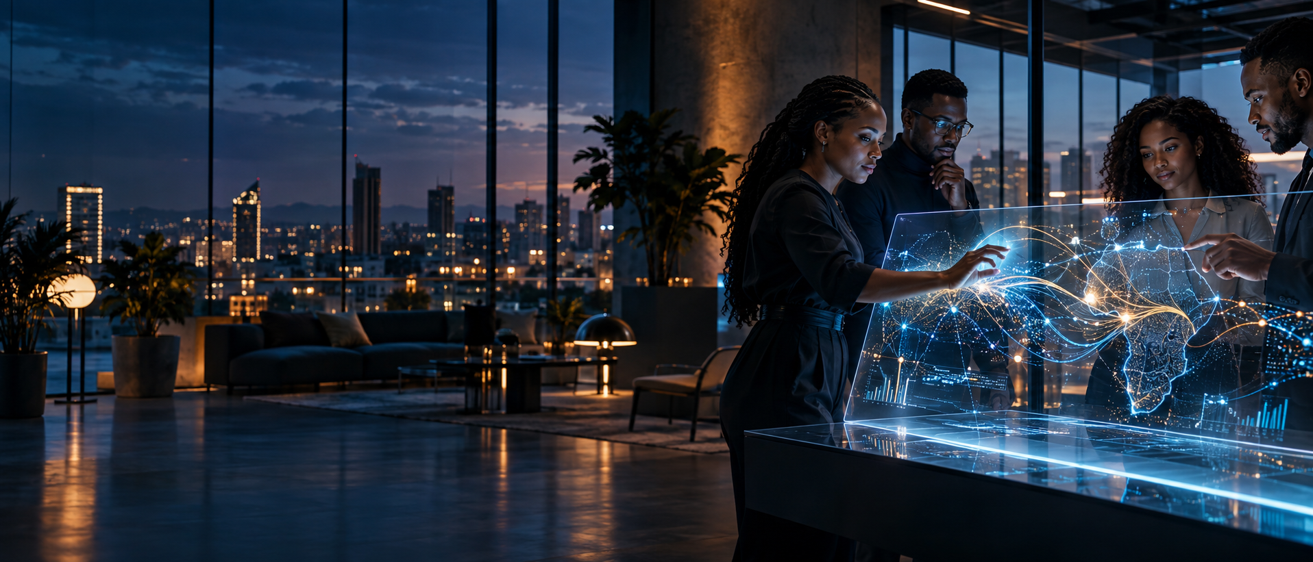 Algosync technology team collaborating around a digital display